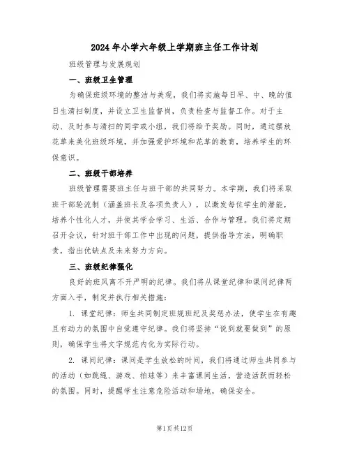 2024年小学六年级上学期班主任工作计划（七篇）