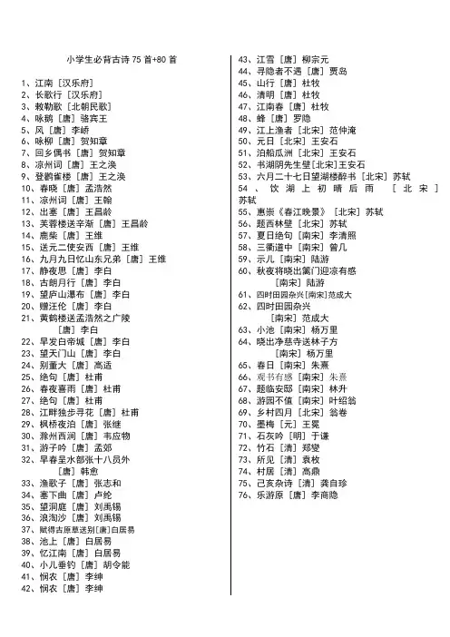 (完整版)小学生必背古诗75首80首目录)