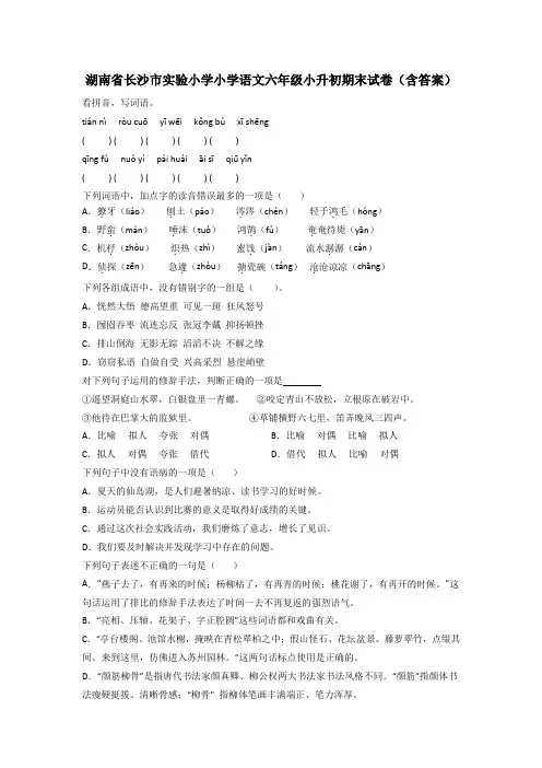 湖南省长沙市实验小学小学语文六年级小升初期末试卷(含答案)