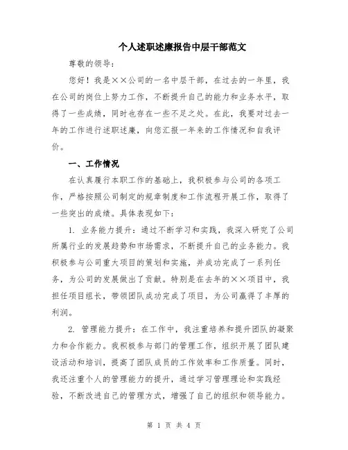 个人述职述廉报告中层干部范文