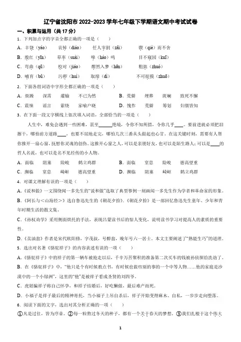 辽宁省沈阳市2022-2023学年七年级下学期语文期中考试试卷(含答案)