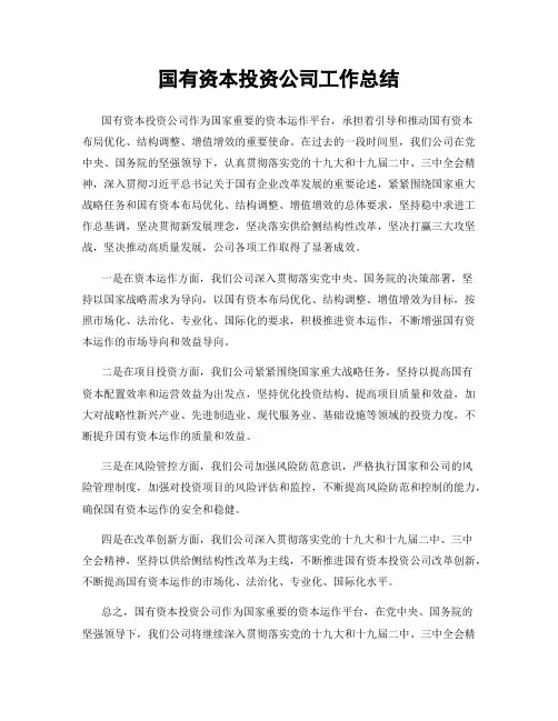 国有资本投资公司工作总结