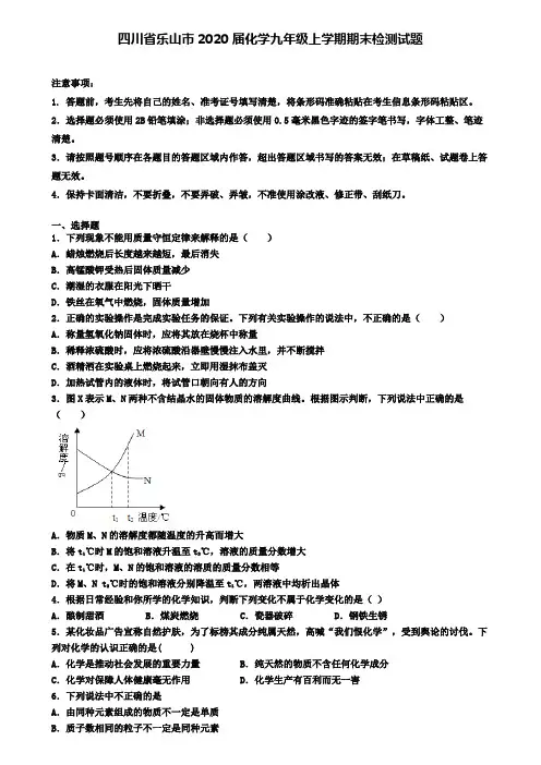 四川省乐山市2020届化学九年级上学期期末检测试题