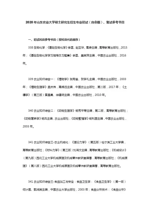 2020年山东农业大学硕士研究生招生专业初试(自命题)、复试参考书目