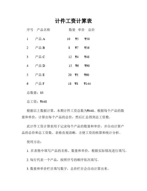 计件工资计算表