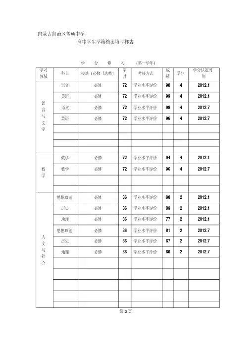 高中学生学籍档案填写样表.