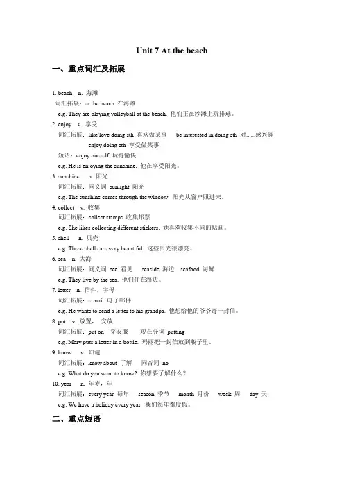 沪教版五年级上册英语Unit7 At the beach讲义(教师版)
