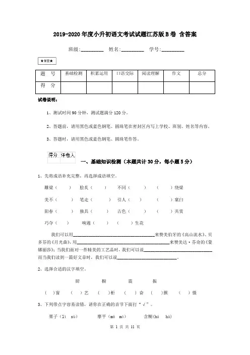 2019-2020年度小升初语文考试试题江苏版B卷 含答案