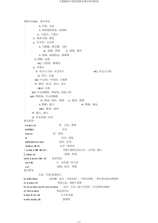 人教版高中英语选修8重点单词短语