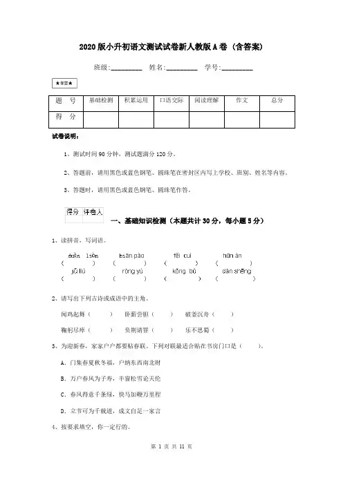 2020版小升初语文测试试卷新人教版A卷 (含答案)