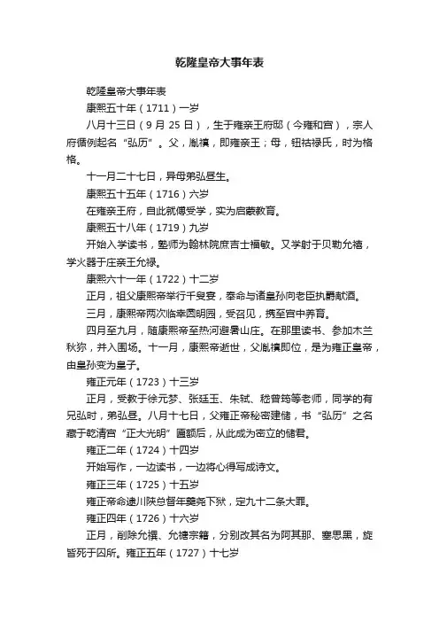 乾隆皇帝大事年表