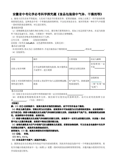 2019年安徽省中考化学必考科学探究题《食品包装袋中气体、干燥剂等》(wurd版有答案)