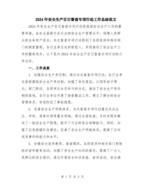 2024年安全生产百日督查专项行动工作总结范文
