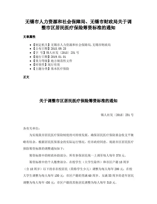 无锡市人力资源和社会保障局、无锡市财政局关于调整市区居民医疗保险筹资标准的通知