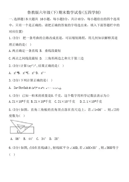 鲁教版六年级(下)期末数学试卷(五四学制)