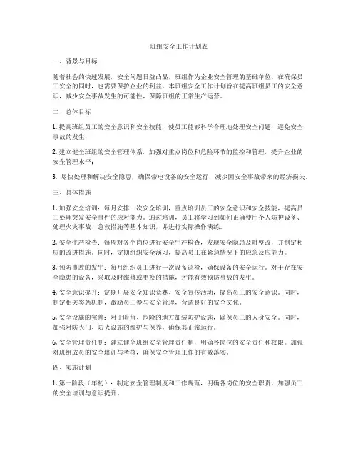 班组安全工作计划表