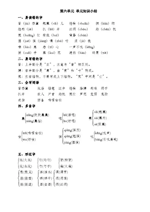 部编版四年级语文下册第六单元单元知识小结