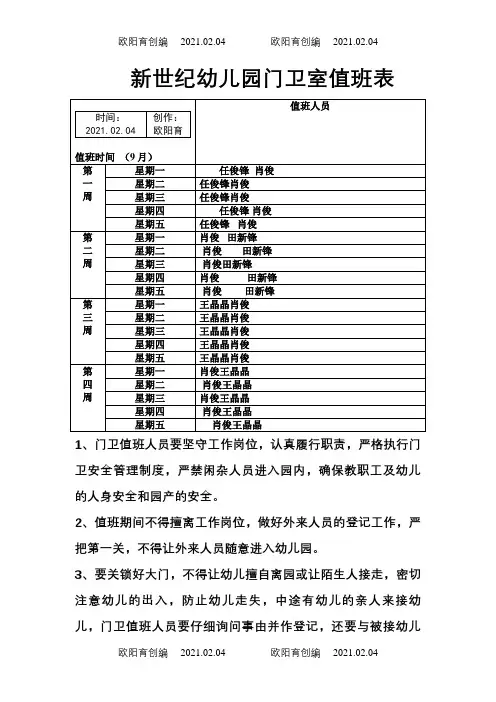幼儿园门卫室值班表之欧阳育创编