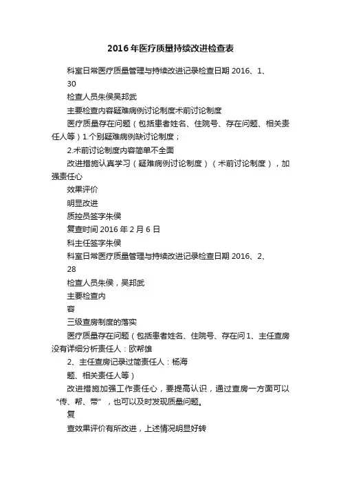 2016年医疗质量持续改进检查表