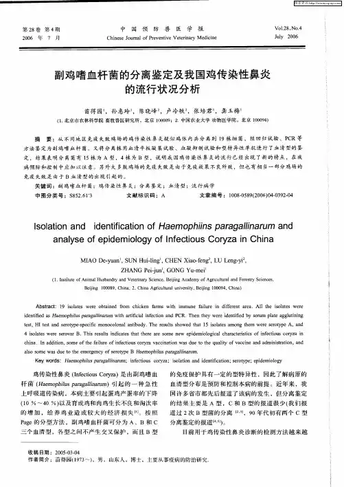 副鸡嗜血杆菌的分离鉴定及我国鸡传染性鼻炎的流行状况分析