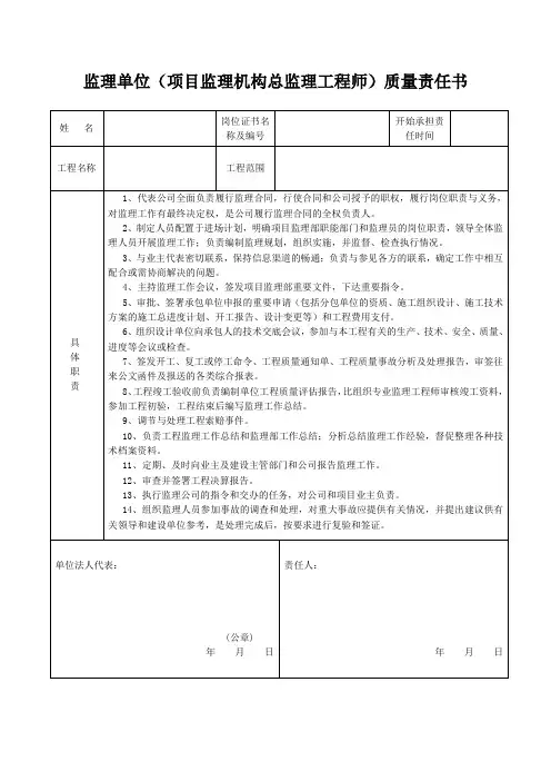 监理单位与监理机构的责任书