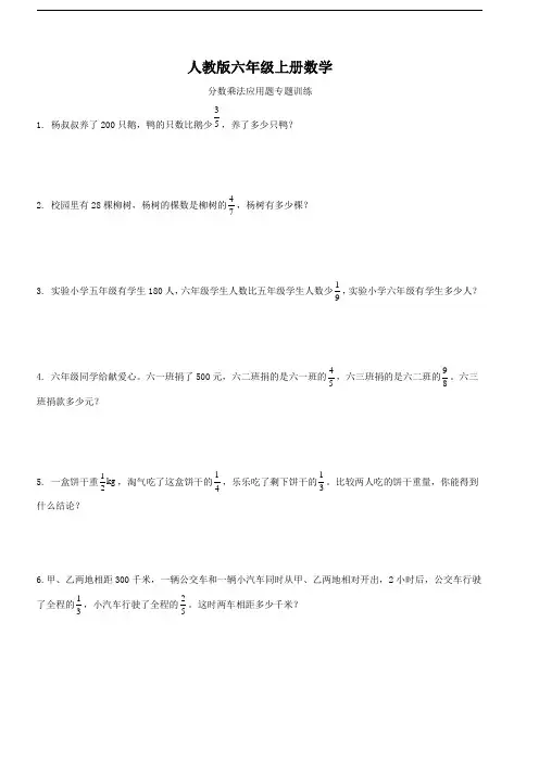 人教版六年级上册数学   分数乘法应用题专题训练