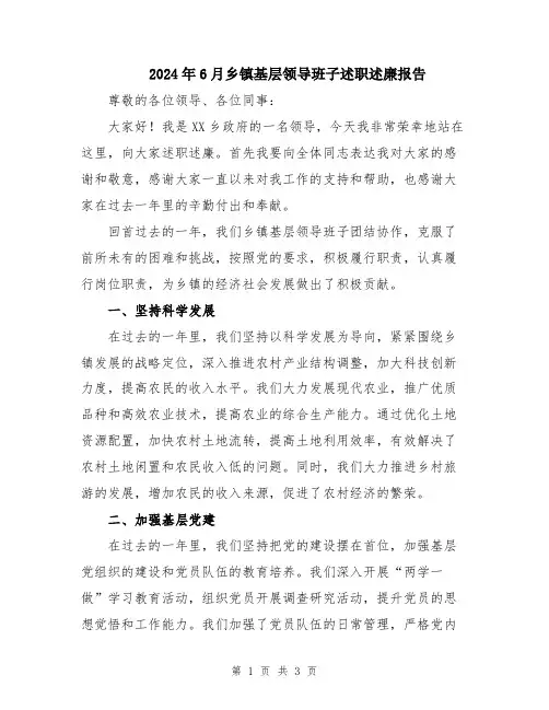2024年6月乡镇基层领导班子述职述廉报告