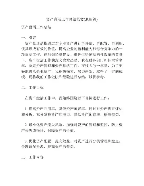 资产盘活工作总结范文(通用篇)