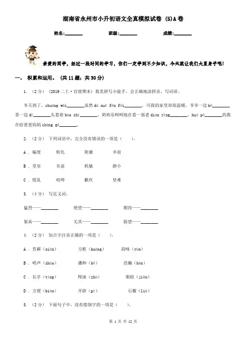 湖南省永州市小升初语文全真模拟试卷 (5)A卷