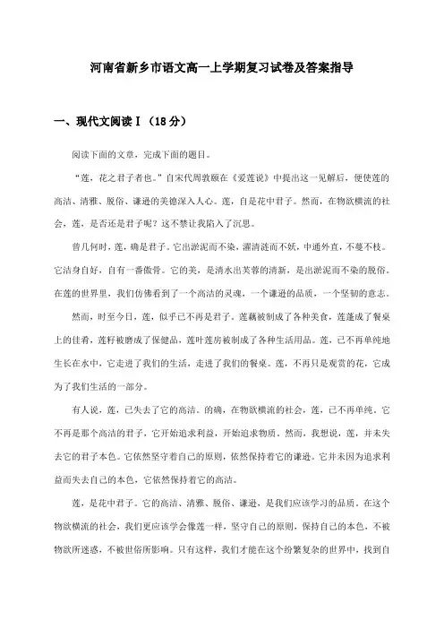 河南省新乡市语文高一上学期复习试卷及答案指导