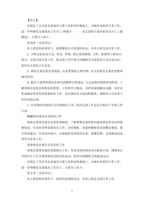 党支部班子成员职责及分工三篇精选