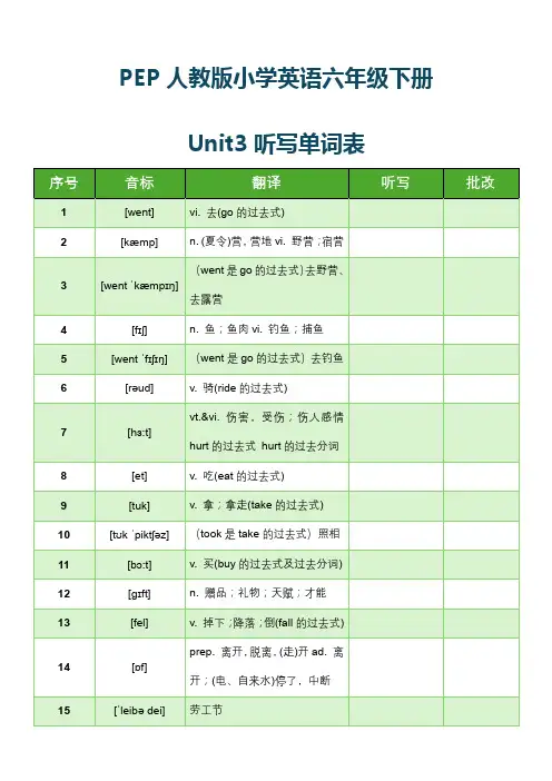 PEP人教版小学英语六年级下册Unit3听写单词表