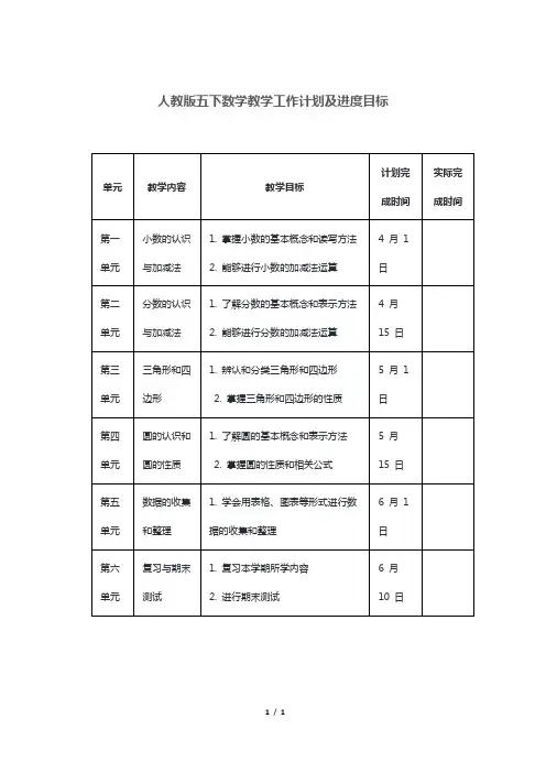 人教版五下数学教学工作计划及进度目标