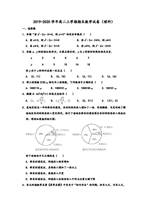 2019-2020学年人教A版安徽省安庆市高二第一学期期末理科数学试卷(解析版)