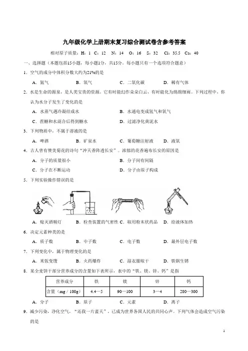 九年级化学上册期末复习综合测试卷含参考答案