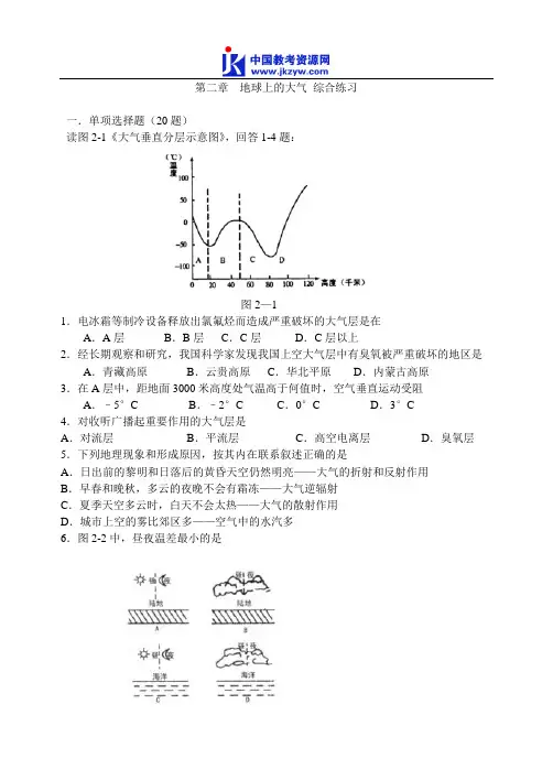 人教新版高一地理必修一 第二章  地球上的大气 综合练习