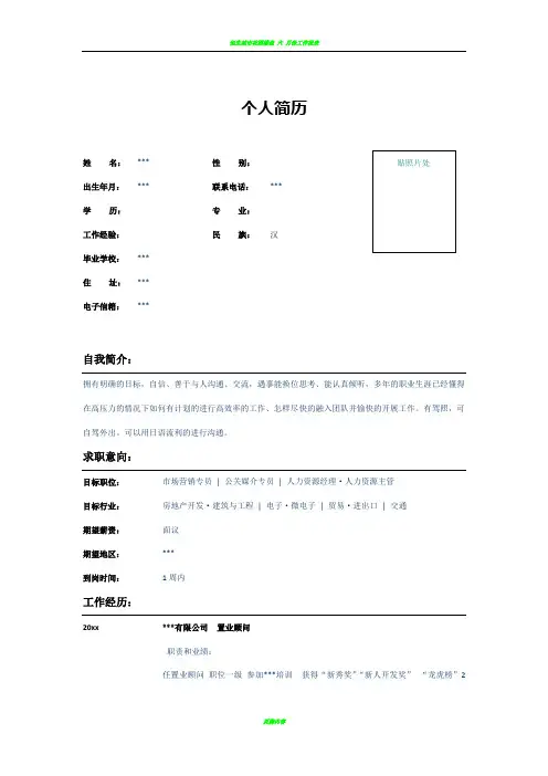 房地产服务置业顾问简历表格模板