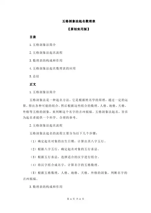 五格剖象法起名数理表