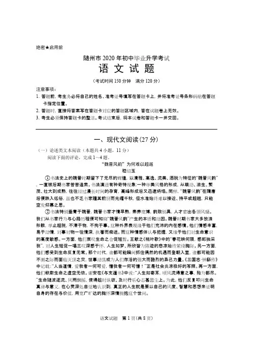 2020年湖北省随州市中考语文试题