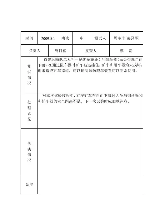 斜巷跑车防护装置测试记录1
