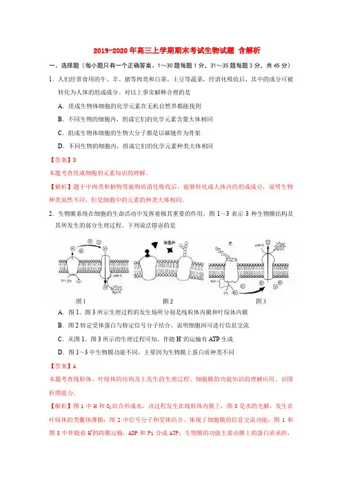 2019-2020年高三上学期期末考试生物试题 含解析