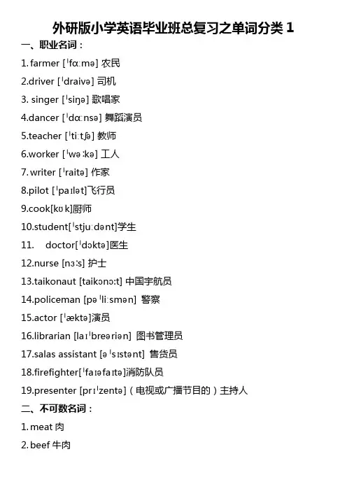 外研版小学英语毕业班总复习之单词分类1