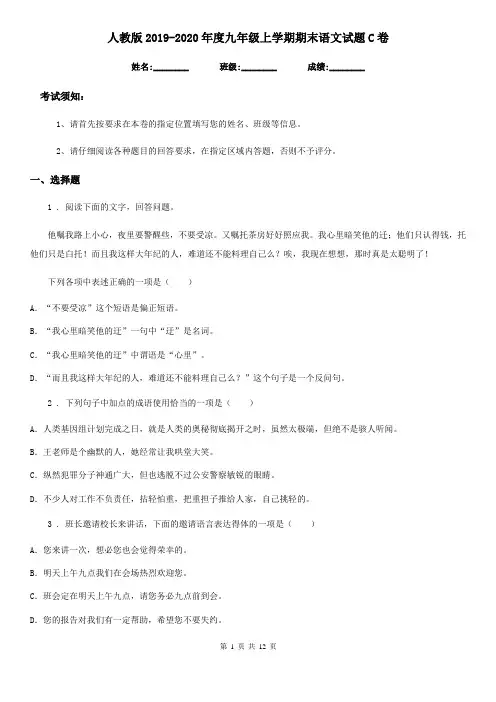 人教版2019-2020年度九年级上学期期末语文试题C卷(检测)