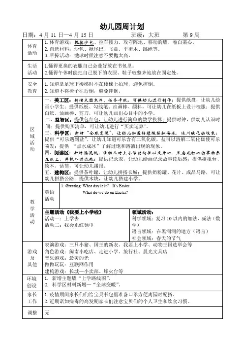 幼儿园大班班级周计划第9周