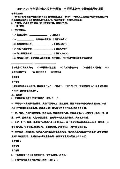 2019-2020学年湖北省名校七年级第二学期期末教学质量检测语文试题含解析