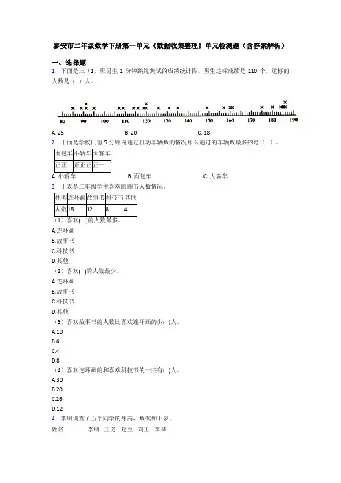 泰安市二年级数学下册第一单元《数据收集整理》单元检测题(含答案解析)