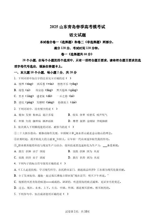 2025年山东省春季高考语文模拟试卷试题(含答案解析)
