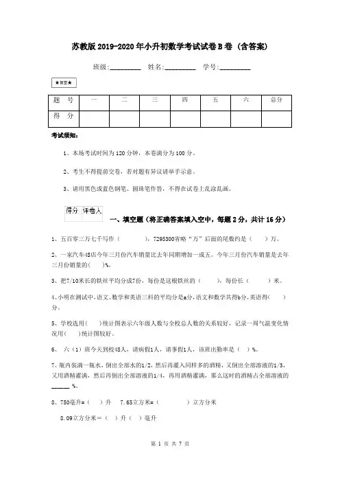 苏教版2019-2020年小升初数学考试试卷B卷 (含答案)