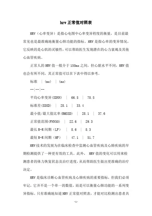 hrv正常值对照表
