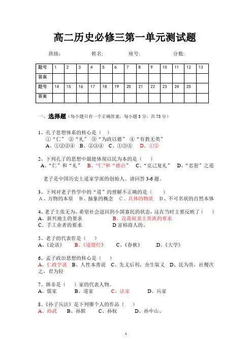 高二历史必修三第一单元测试题